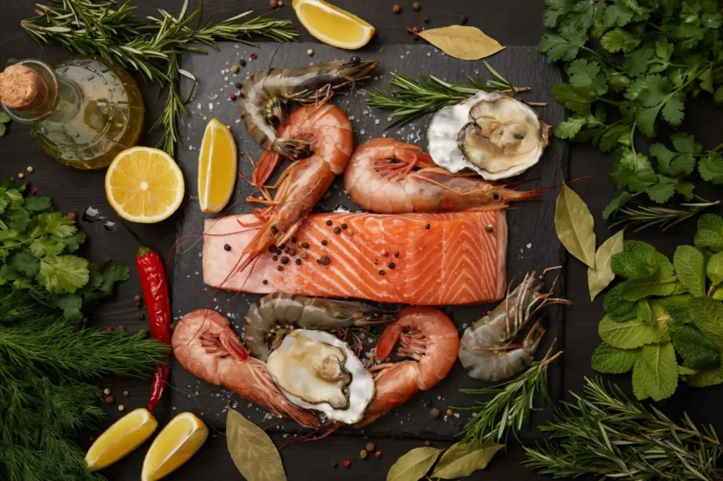 Seafoods and mixed herbs.